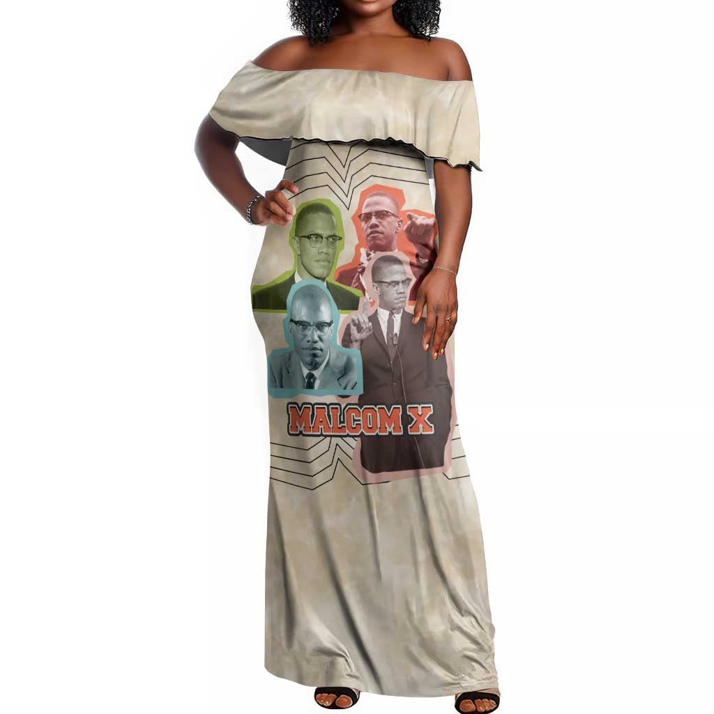 Malcolm X Off Shoulder Maxi Dress Pop Art Portrait Collage Civil Rights Activist Retro Style Design - African Pride