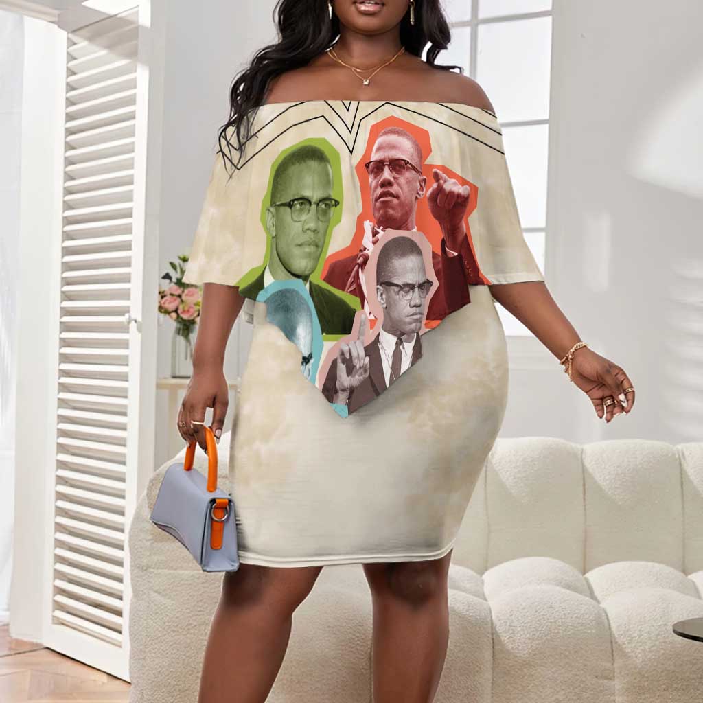 Malcolm X Off Shoulder Short Dress Pop Art Portrait Collage Civil Rights Activist Retro Style Design - African Pride