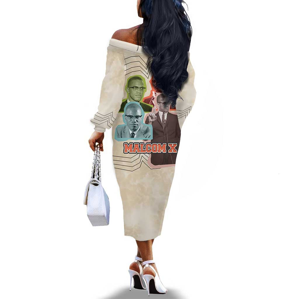 Malcolm X Off The Shoulder Long Sleeve Dress Pop Art Portrait Collage Civil Rights Activist Retro Style Design - African Pride
