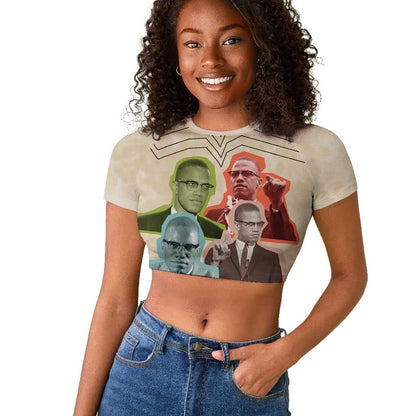 Malcolm X Raglan Cropped T shirt Pop Art Portrait Collage Civil Rights Activist Retro Style Design TS04