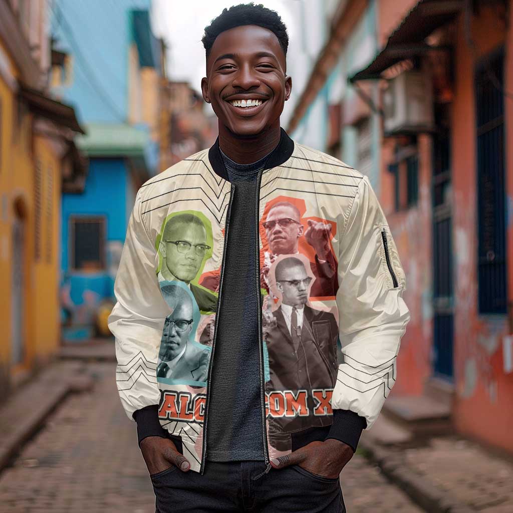 Malcolm X Sleeve Zip Bomber Jacket Pop Art Portrait Collage Civil Rights Activist Retro Style Design - African Pride