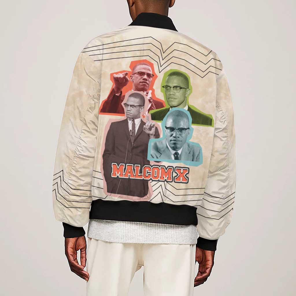 Malcolm X Sleeve Zip Bomber Jacket Pop Art Portrait Collage Civil Rights Activist Retro Style Design - African Pride