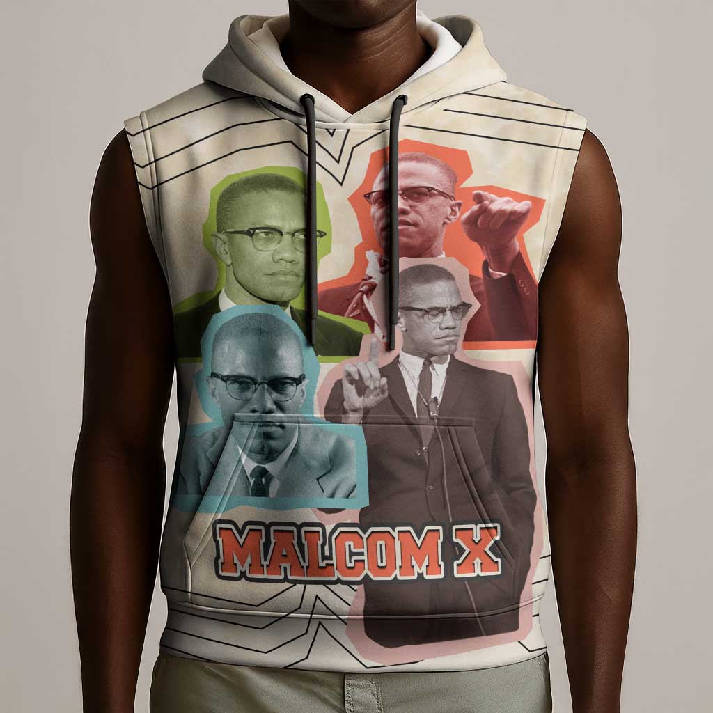 Malcolm X Sleeveless Hoodie Pop Art Portrait Collage Civil Rights Activist Retro Style Design - African Pride