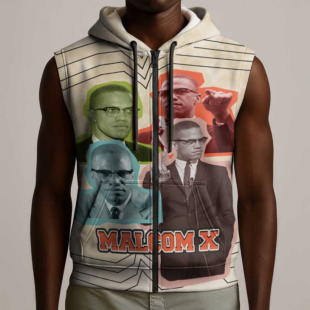 Malcolm X Sleeveless Zip Hoodie Pop Art Portrait Collage Civil Rights Activist Retro Style Design - African Pride