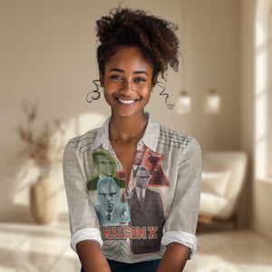 Malcolm X Women Casual Shirt Pop Art Portrait Collage Civil Rights Activist Retro Style Design - African Pride