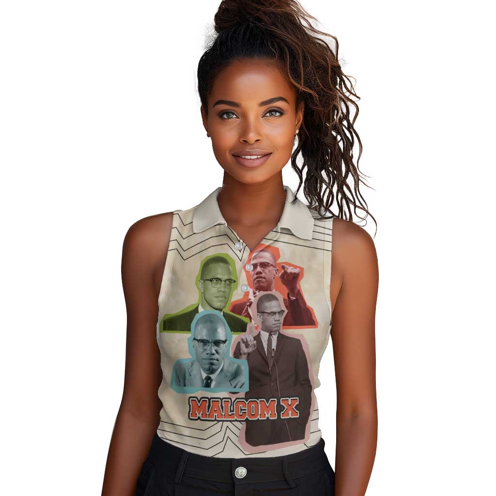 Malcolm X Women Sleeveless Polo Shirt Pop Art Portrait Collage Civil Rights Activist Retro Style Design - African Pride