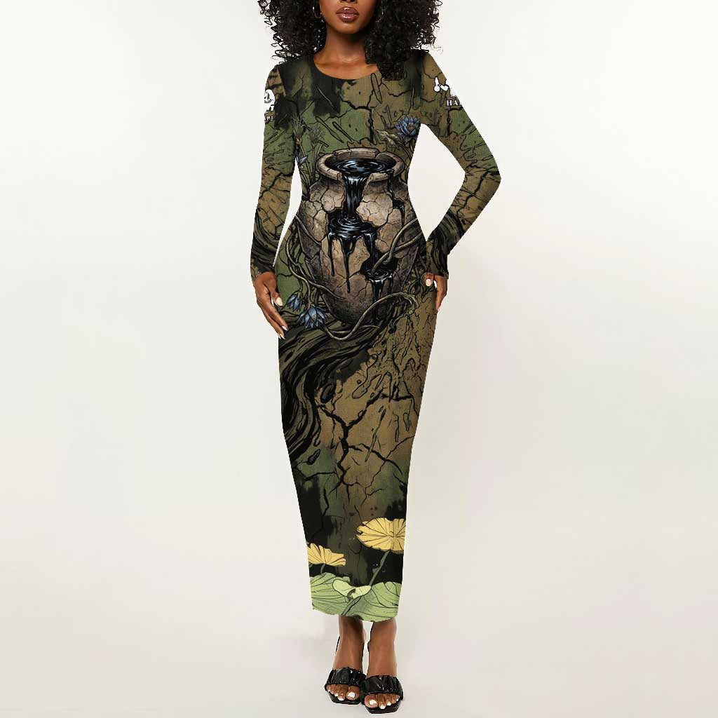 Hapi Egyptian Long Sleeve Bodycon Dress Bringer of Kemet Nature Spirit Flowing Water and Earth Harmony