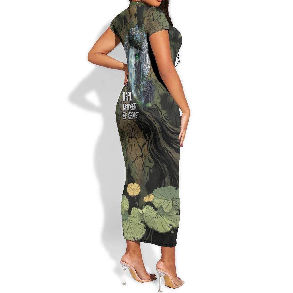 Hapi Egyptian Short Sleeve Bodycon Dress Bringer of Kemet Nature Spirit Flowing Water and Earth Harmony