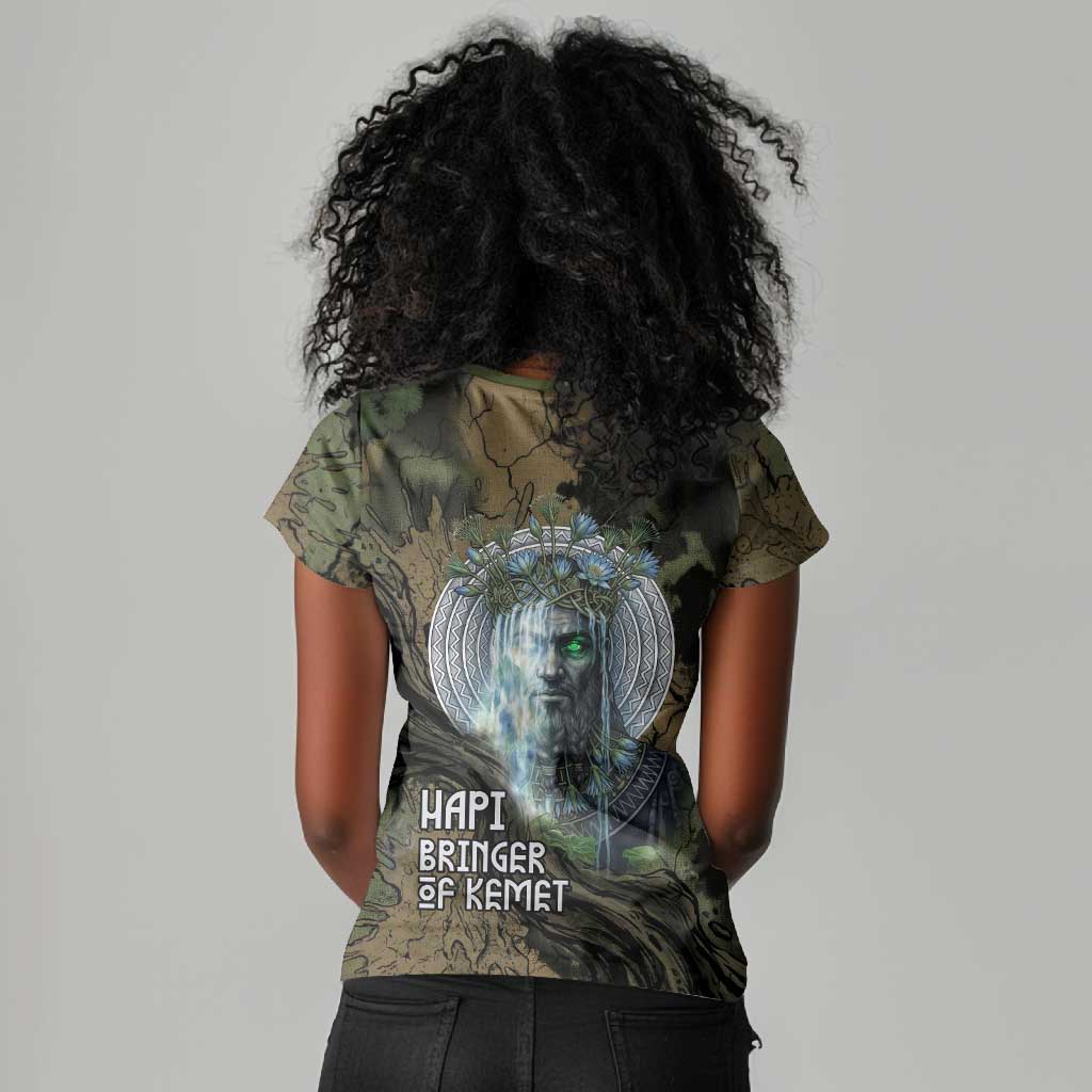 Hapi Egyptian Women V-Neck T-Shirt Bringer of Kemet Nature Spirit Flowing Water and Earth Harmony
