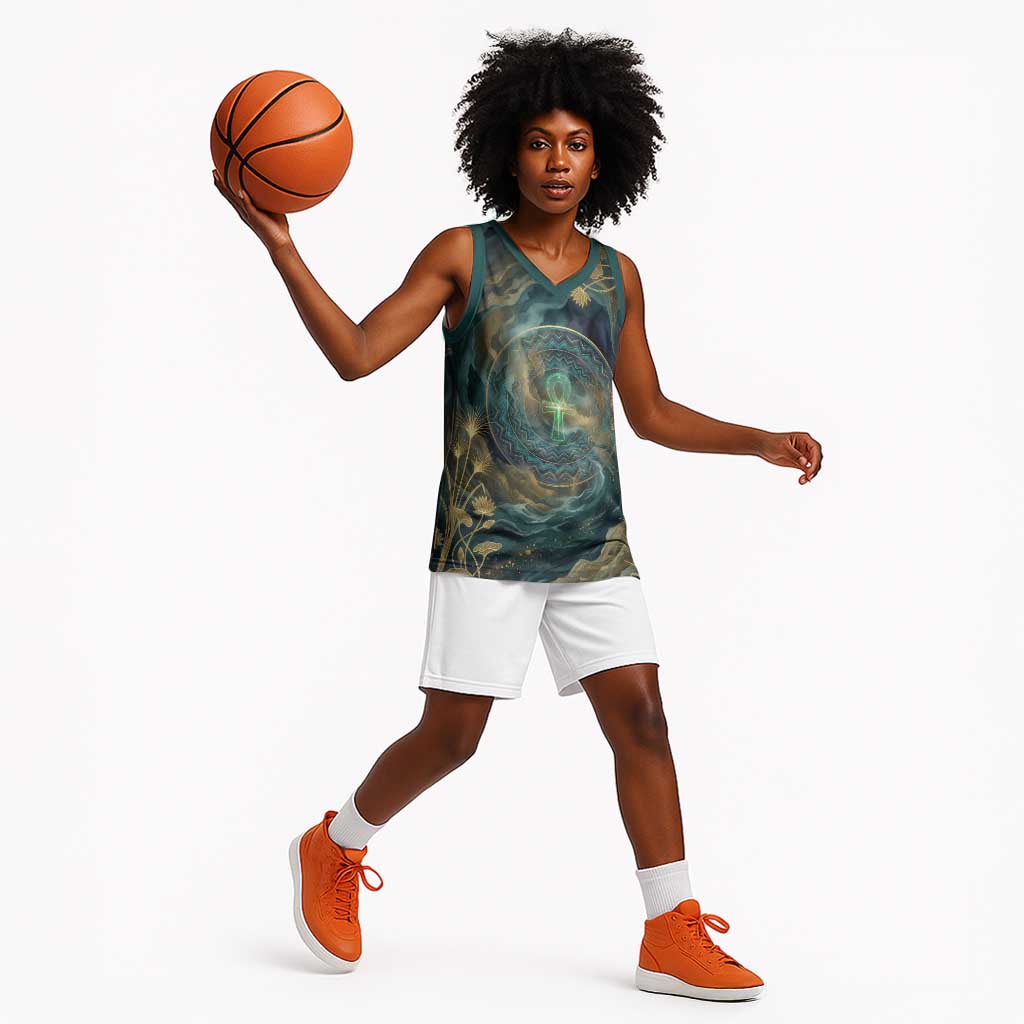 Egyptian Hapi Basketball Jersey God of the Nile Ankh Symbol Lotus Flowers and Sacred River Energy