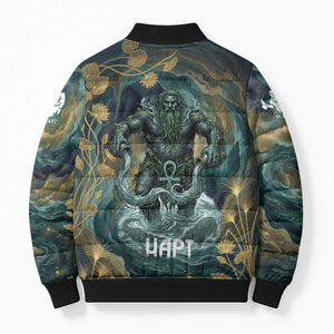 Egyptian Hapi Bomber Puffer Jacket God of the Nile Ankh Symbol Lotus Flowers and Sacred River Energy