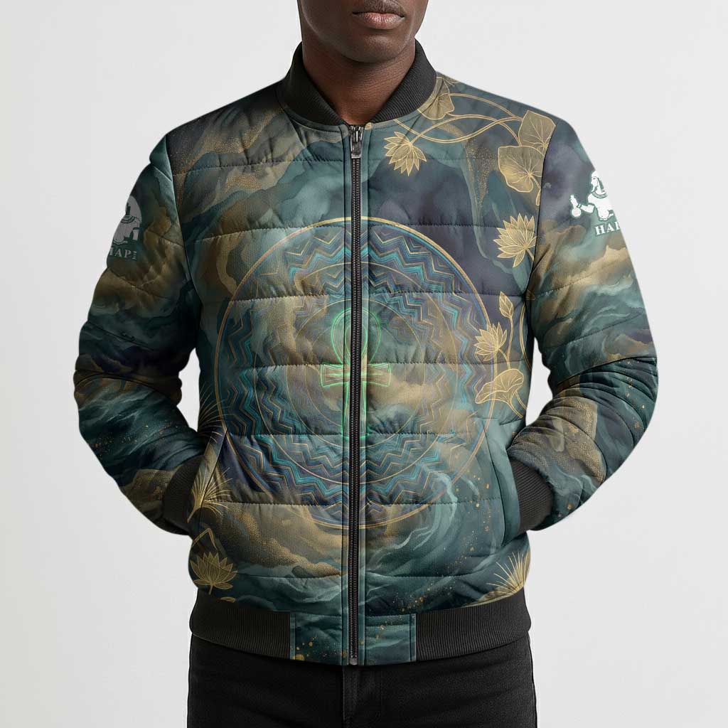 Egyptian Hapi Bomber Puffer Jacket God of the Nile Ankh Symbol Lotus Flowers and Sacred River Energy