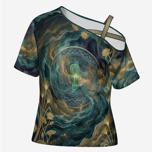 Egyptian Hapi Cross Shoulder Shirt God of the Nile Ankh Symbol Lotus Flowers and Sacred River Energy