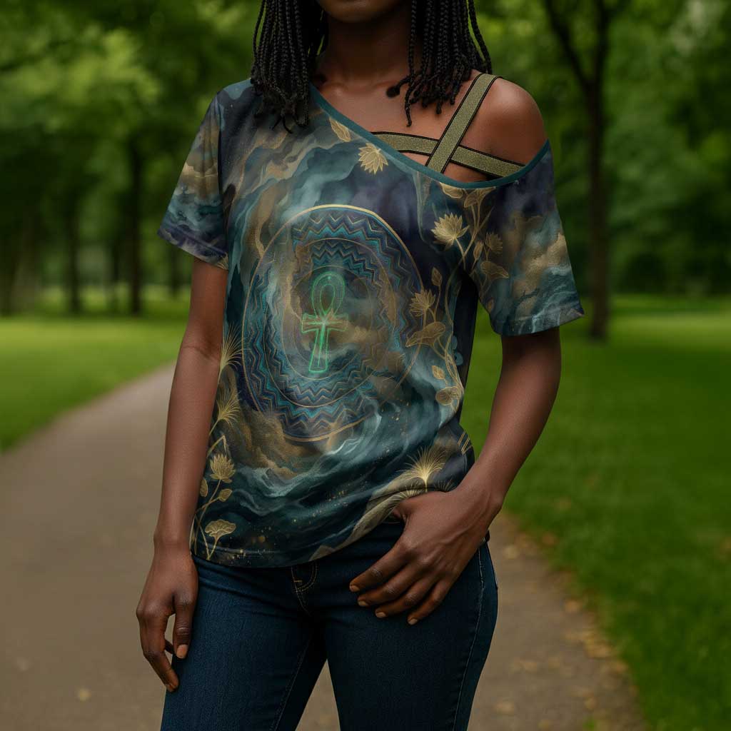Egyptian Hapi Cross Shoulder Shirt God of the Nile Ankh Symbol Lotus Flowers and Sacred River Energy