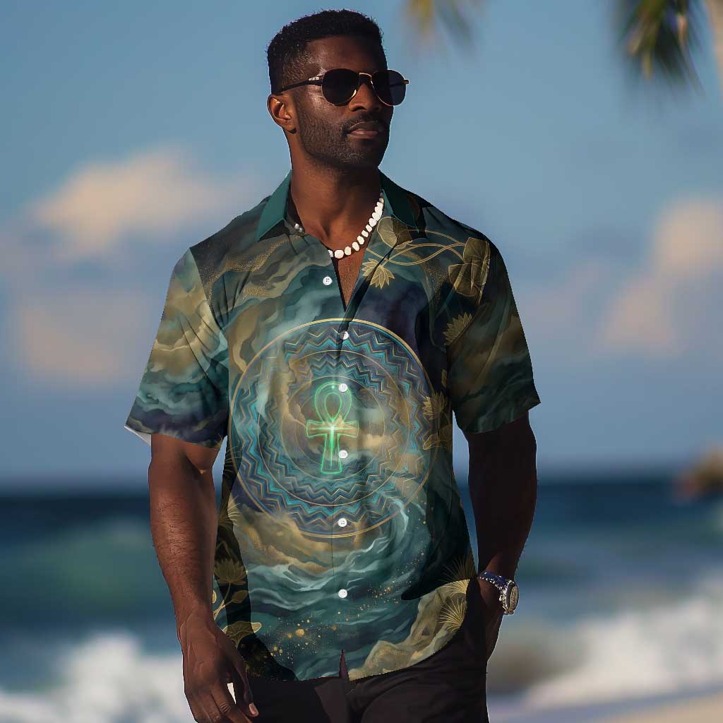 Egyptian Hapi Hawaiian Shirt God of the Nile Ankh Symbol Lotus Flowers and Sacred River Energy