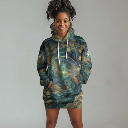 Egyptian Hapi Hoodie Dress God of the Nile Ankh Symbol Lotus Flowers and Sacred River Energy