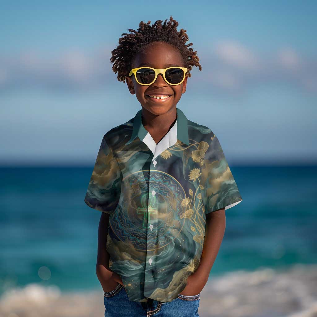 Egyptian Hapi Kid Hawaiian Shirt God of the Nile Ankh Symbol Lotus Flowers and Sacred River Energy