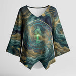 Egyptian Hapi Kimono Sleeve Blouse God of the Nile Ankh Symbol Lotus Flowers and Sacred River Energy