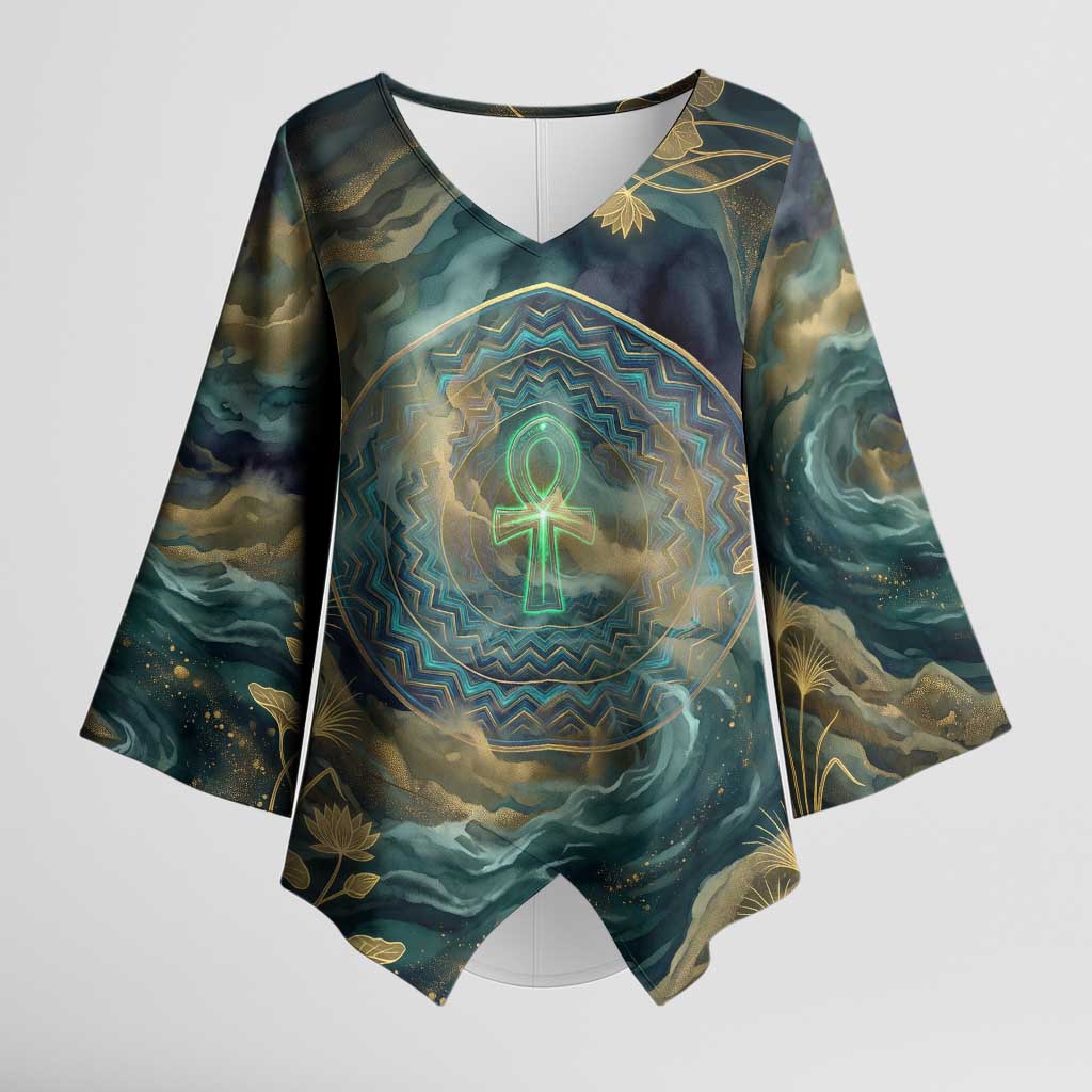 Egyptian Hapi Kimono Sleeve Blouse God of the Nile Ankh Symbol Lotus Flowers and Sacred River Energy