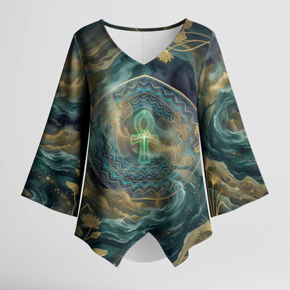 Egyptian Hapi Kimono Sleeve Blouse God of the Nile Ankh Symbol Lotus Flowers and Sacred River Energy