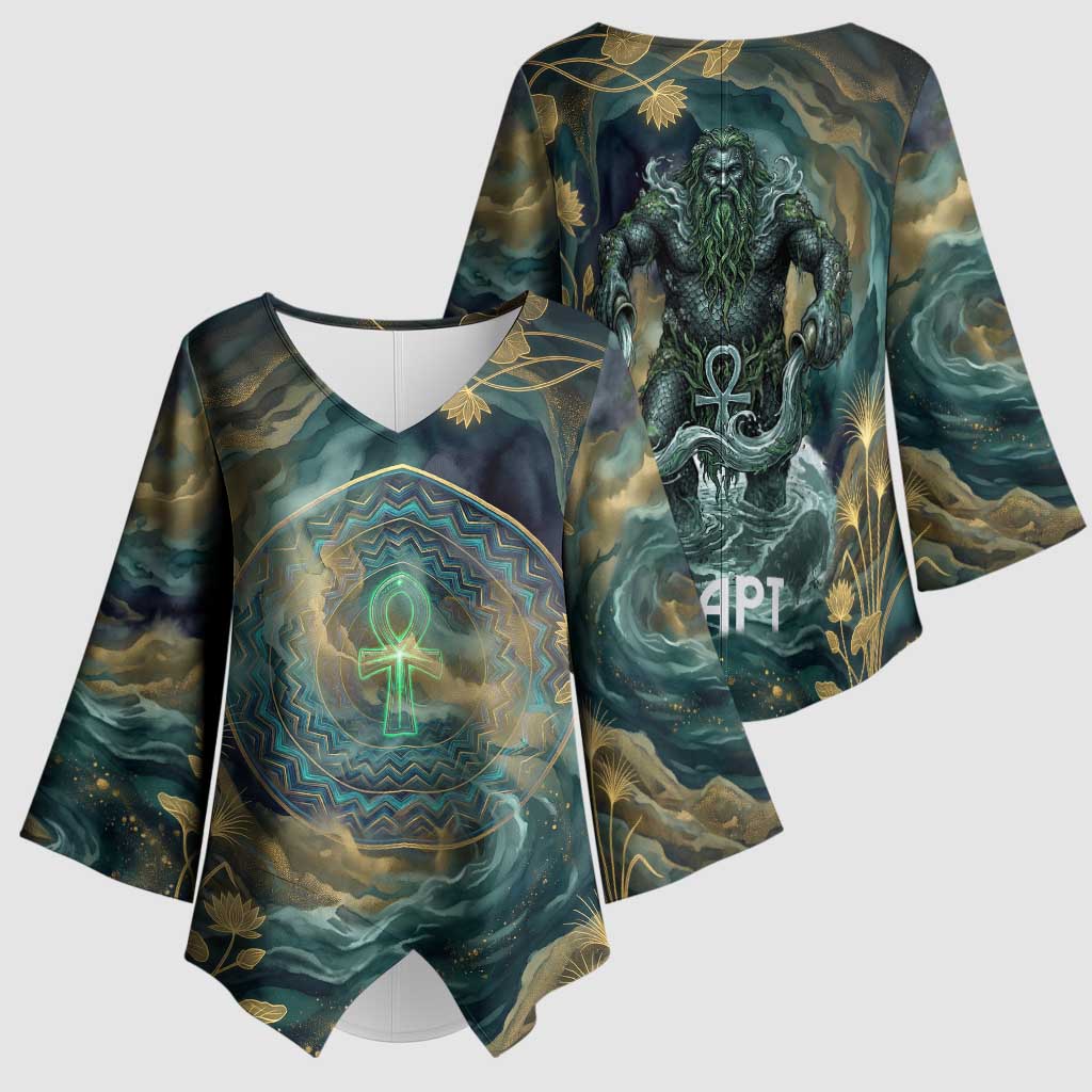 Egyptian Hapi Kimono Sleeve Blouse God of the Nile Ankh Symbol Lotus Flowers and Sacred River Energy
