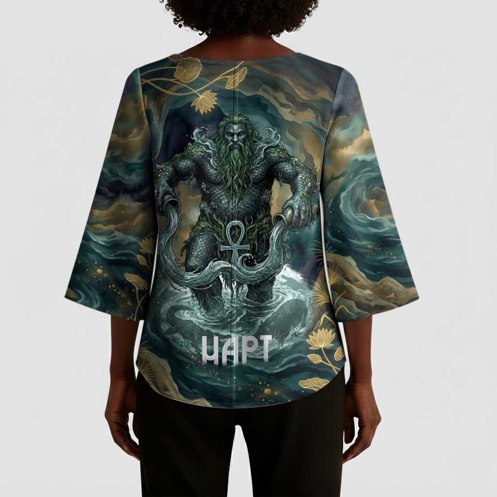 Egyptian Hapi Kimono Sleeve Blouse God of the Nile Ankh Symbol Lotus Flowers and Sacred River Energy