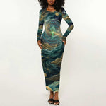 Egyptian Hapi Long Sleeve Bodycon Dress God of the Nile Ankh Symbol Lotus Flowers and Sacred River Energy