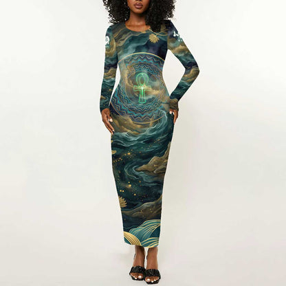 Egyptian Hapi Long Sleeve Bodycon Dress God of the Nile Ankh Symbol Lotus Flowers and Sacred River Energy