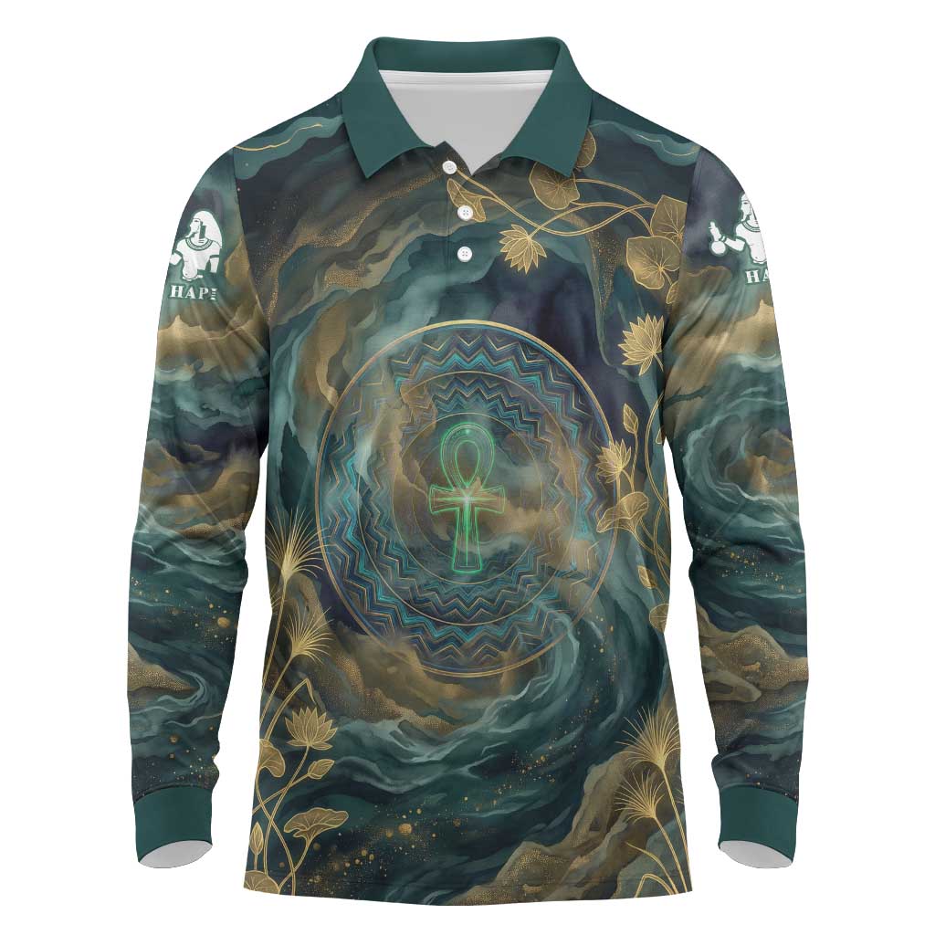 Egyptian Hapi Long Sleeve Polo Shirt God of the Nile Ankh Symbol Lotus Flowers and Sacred River Energy
