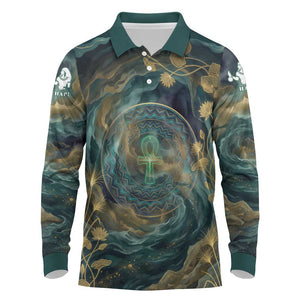 Egyptian Hapi Long Sleeve Polo Shirt God of the Nile Ankh Symbol Lotus Flowers and Sacred River Energy