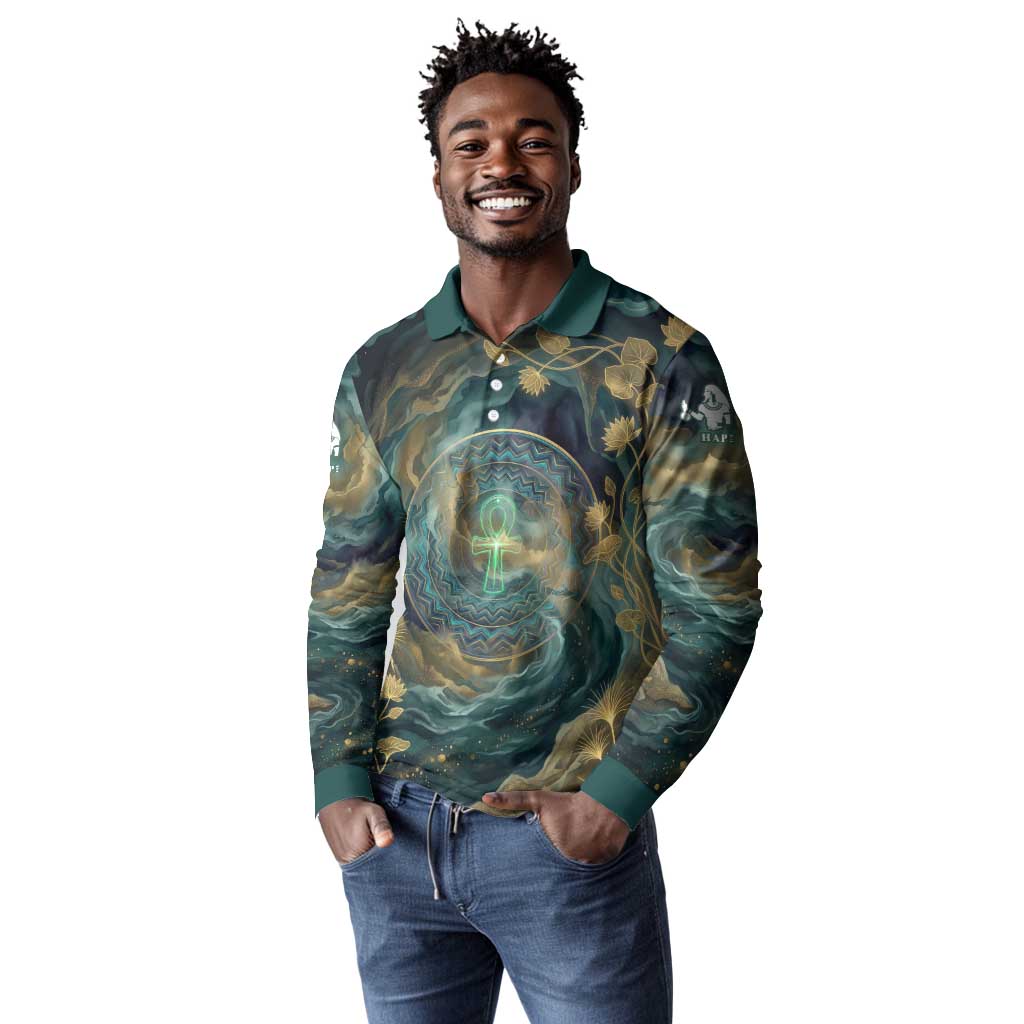 Egyptian Hapi Long Sleeve Polo Shirt God of the Nile Ankh Symbol Lotus Flowers and Sacred River Energy
