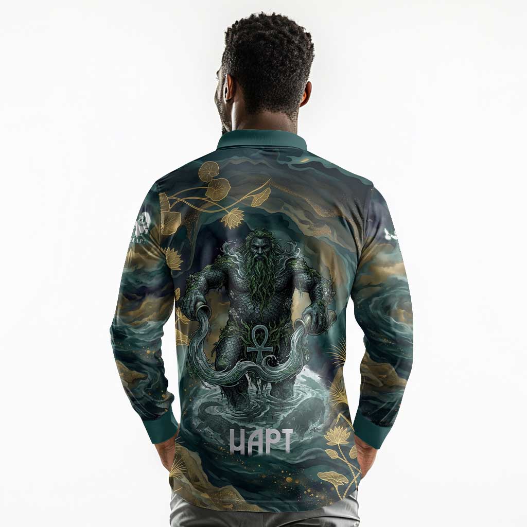 Egyptian Hapi Long Sleeve Polo Shirt God of the Nile Ankh Symbol Lotus Flowers and Sacred River Energy