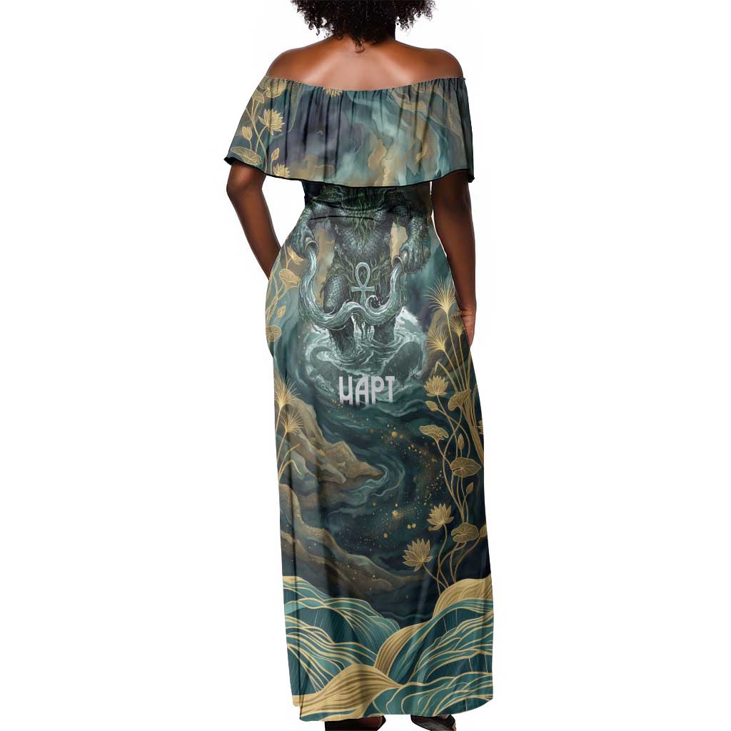 Egyptian Hapi Off Shoulder Maxi Dress God of the Nile Ankh Symbol Lotus Flowers and Sacred River Energy