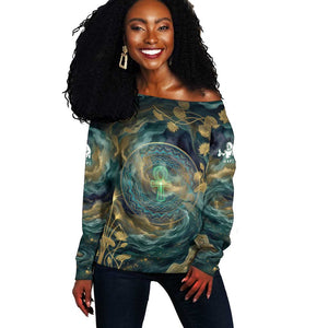 Egyptian Hapi Off Shoulder Sweater God of the Nile Ankh Symbol Lotus Flowers and Sacred River Energy