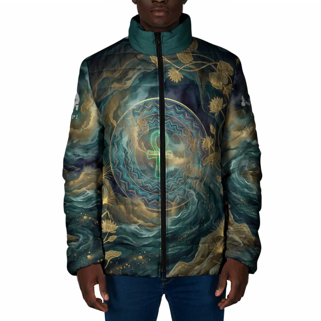 Egyptian Hapi Padded Jacket God of the Nile Ankh Symbol Lotus Flowers and Sacred River Energy
