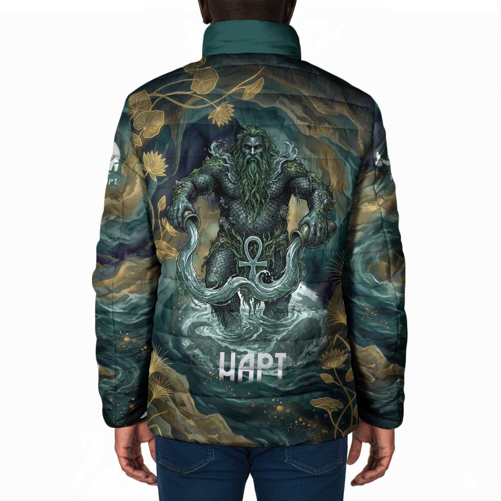 Egyptian Hapi Padded Jacket God of the Nile Ankh Symbol Lotus Flowers and Sacred River Energy