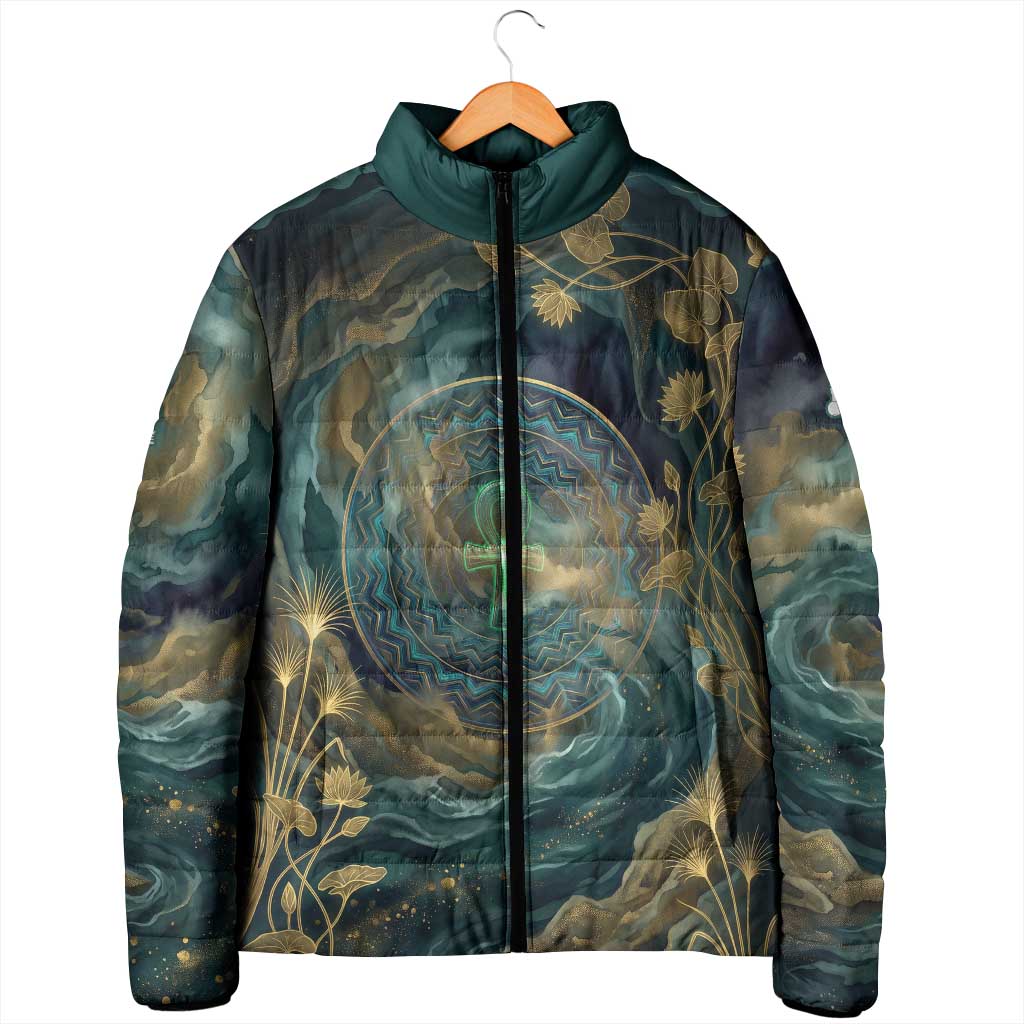 Egyptian Hapi Padded Jacket God of the Nile Ankh Symbol Lotus Flowers and Sacred River Energy