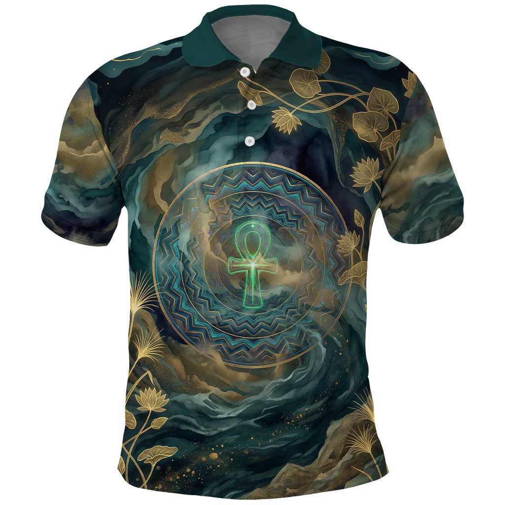 Egyptian Hapi Polo Shirt God of the Nile Ankh Symbol Lotus Flowers and Sacred River Energy