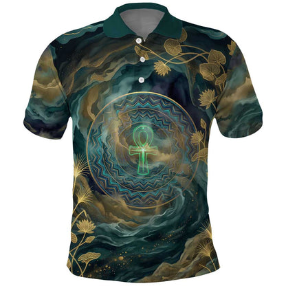 Egyptian Hapi Polo Shirt God of the Nile Ankh Symbol Lotus Flowers and Sacred River Energy