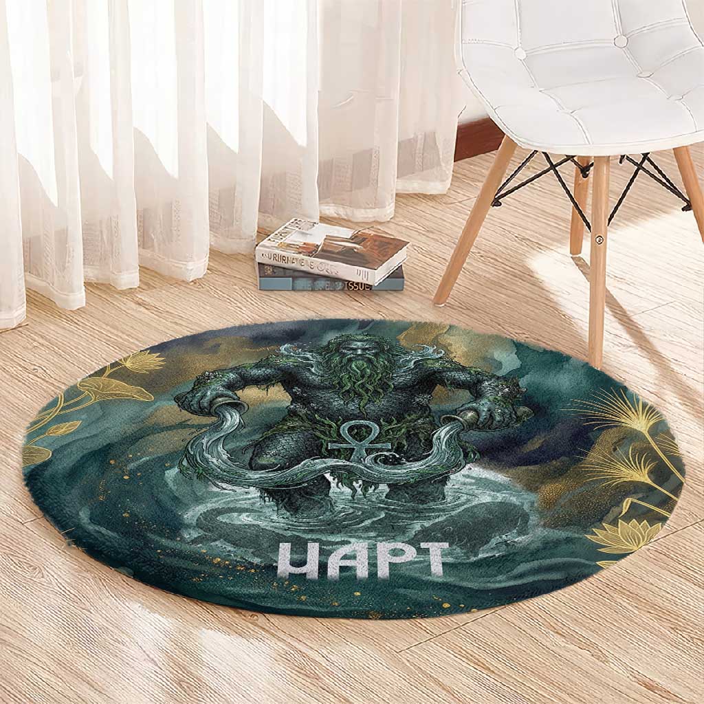 Egyptian Hapi Round Carpet God of the Nile Ankh Symbol Lotus Flowers and Sacred River Energy