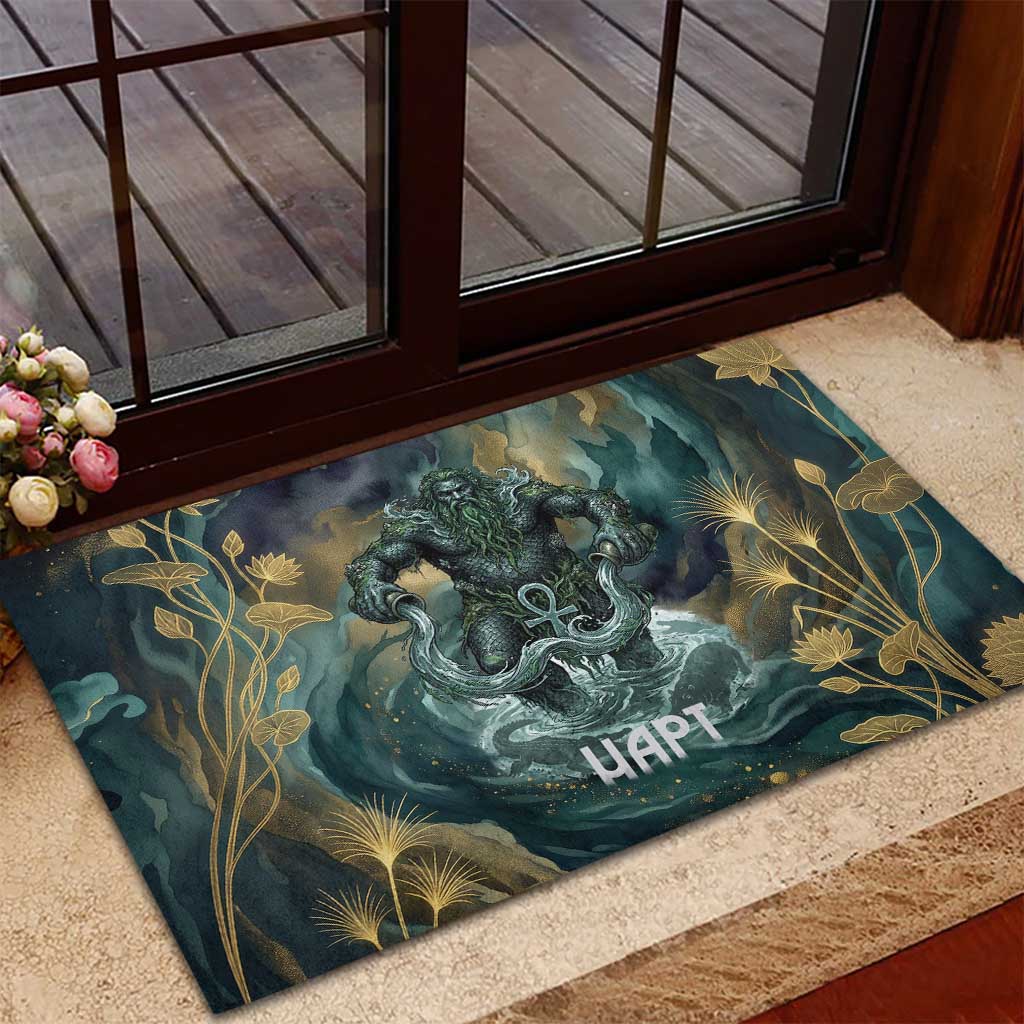 Egyptian Hapi Rubber Doormat God of the Nile Ankh Symbol Lotus Flowers and Sacred River Energy