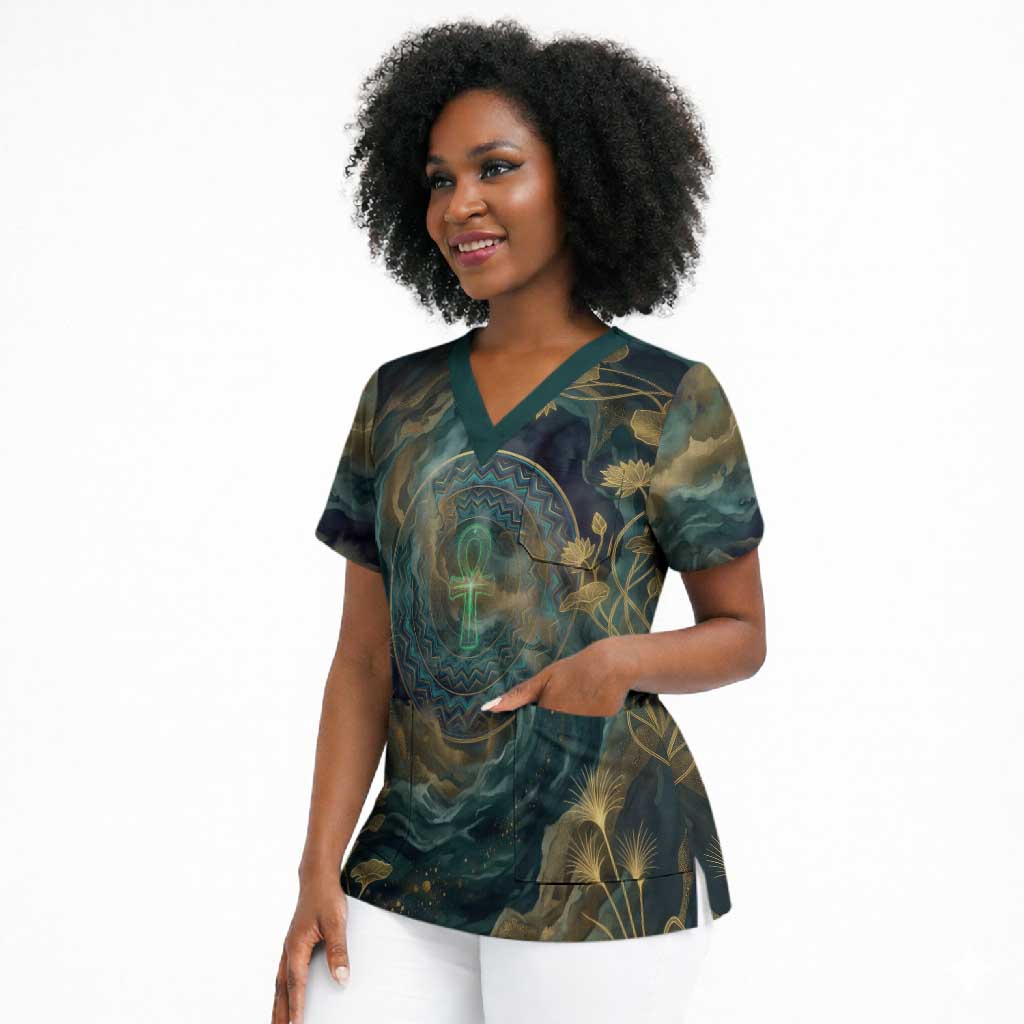 Egyptian Hapi Scrub Top God of the Nile Ankh Symbol Lotus Flowers and Sacred River Energy
