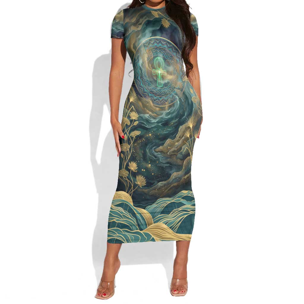 Egyptian Hapi Short Sleeve Bodycon Dress God of the Nile Ankh Symbol ...