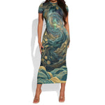 Egyptian Hapi Short Sleeve Bodycon Dress God of the Nile Ankh Symbol Lotus Flowers and Sacred River Energy