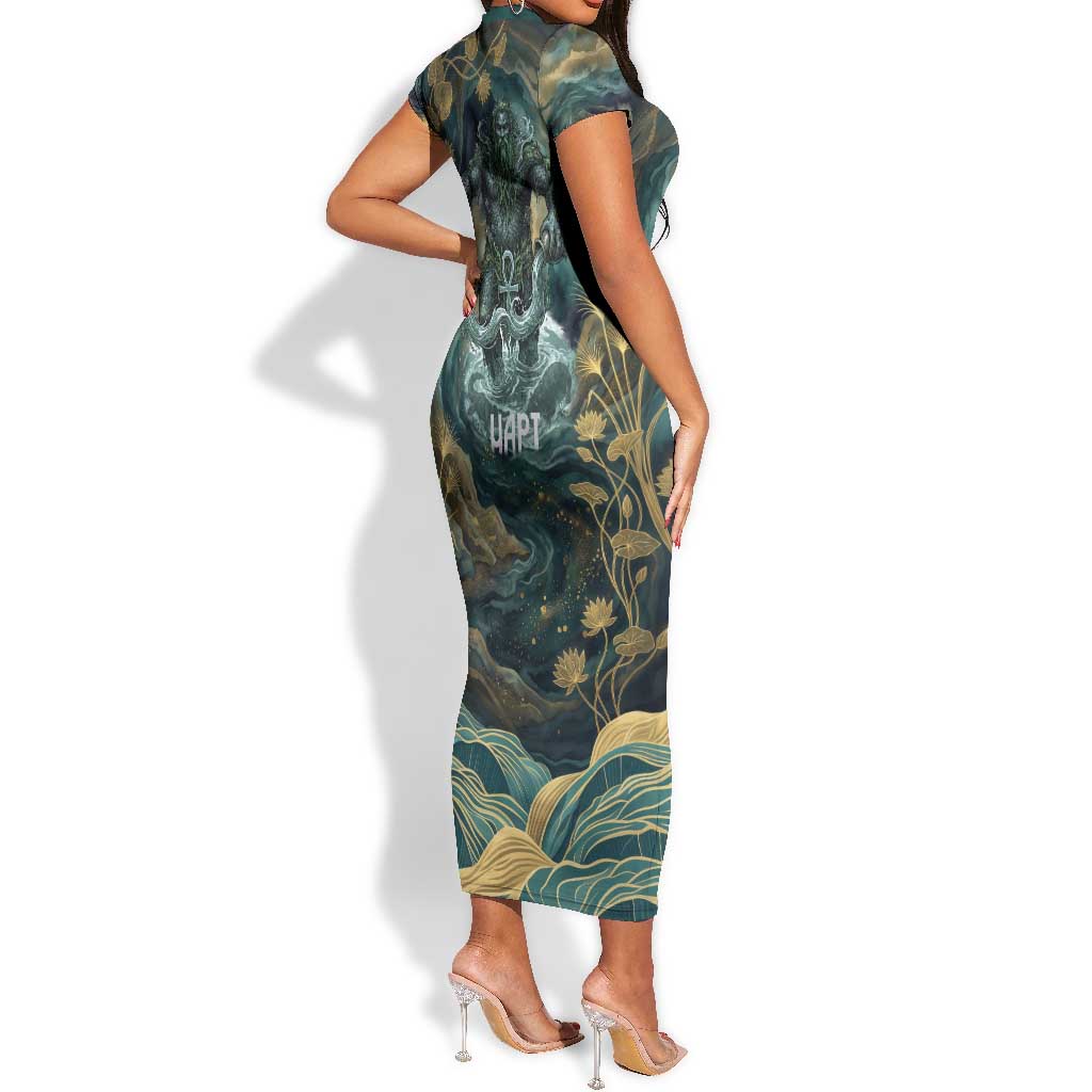 Egyptian Hapi Short Sleeve Bodycon Dress God of the Nile Ankh Symbol Lotus Flowers and Sacred River Energy