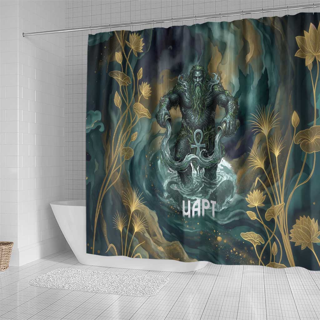 Egyptian Hapi Shower Curtain God of the Nile Ankh Symbol Lotus Flowers and Sacred River Energy