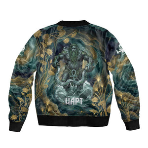 Egyptian Hapi Sleeve Zip Bomber Jacket God of the Nile Ankh Symbol Lotus Flowers and Sacred River Energy
