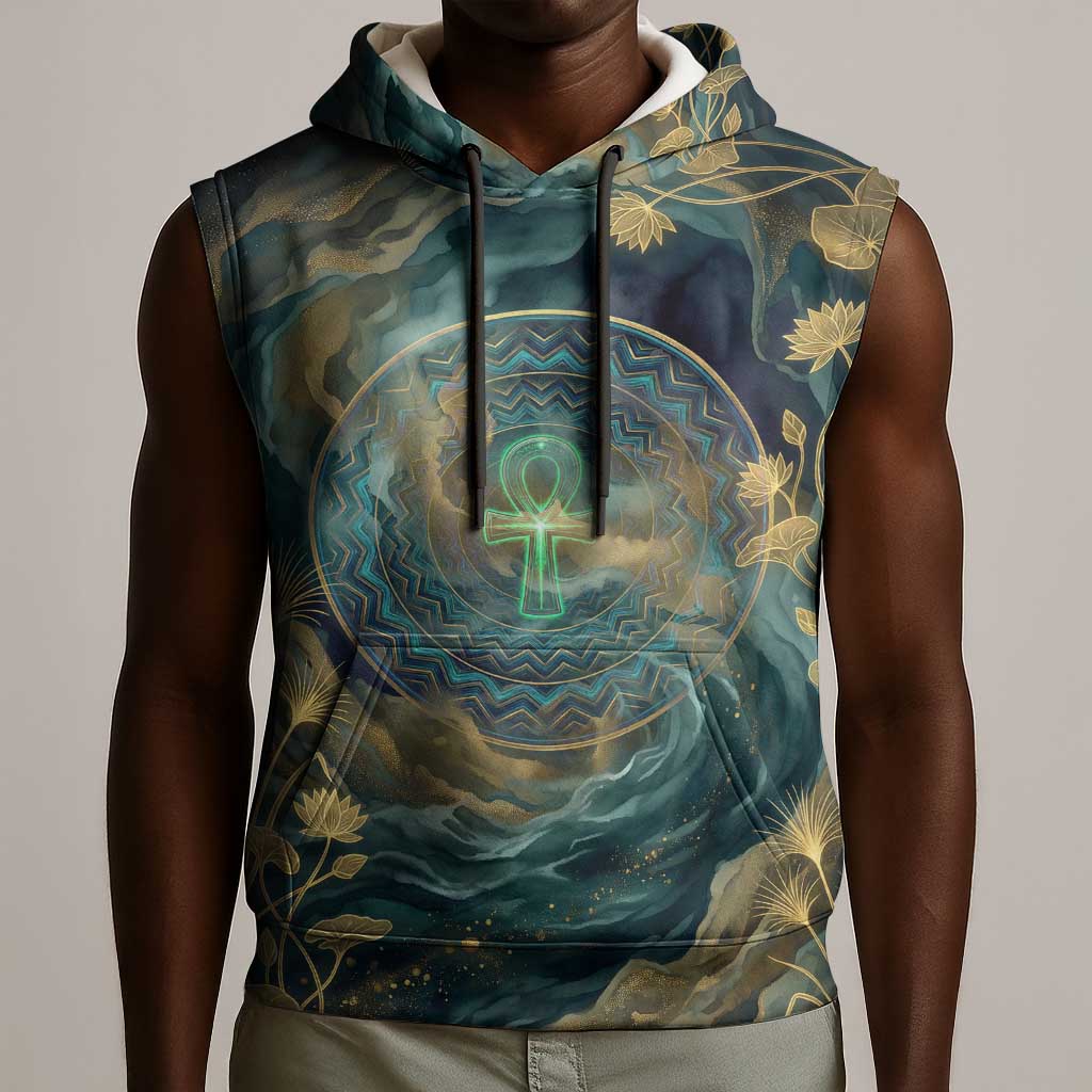 Egyptian Hapi Sleeveless Hoodie God of the Nile Ankh Symbol Lotus Flowers and Sacred River Energy
