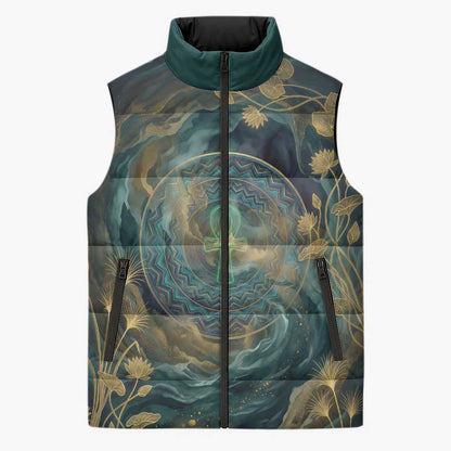 Egyptian Hapi Sleeveless Puffer Jacket God of the Nile Ankh Symbol Lotus Flowers and Sacred River Energy