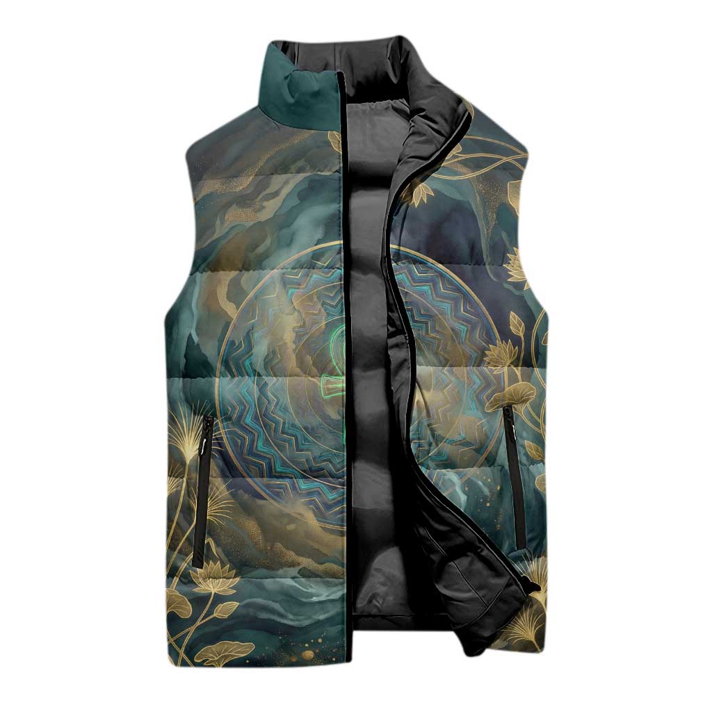 Egyptian Hapi Sleeveless Puffer Jacket God of the Nile Ankh Symbol Lotus Flowers and Sacred River Energy